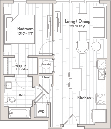 A floor plan of a small apartment with a bedroom, living/dining room, kitchen, bathroom, and a wall-in closet.
