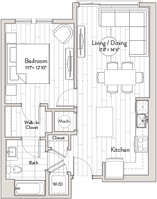 A floor plan of a house with a bedroom, living/dining area, kitchen, bathroom, and walk-in closet.