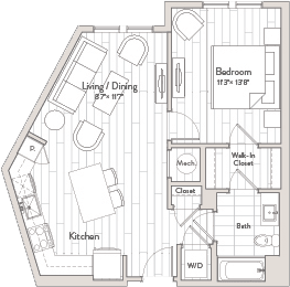 A floor plan of a house with a living/dining area, kitchen, bedroom, bathroom, and closet.