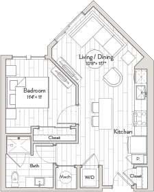 A floor plan of a house with a living/dining area, kitchen, bedroom, bathroom, and closet.