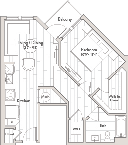 A floor plan of a house with a balcony, living/dining area, kitchen, bathroom, bedroom, and walk-in closet.