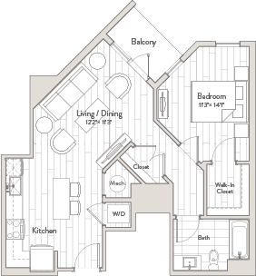 A floor plan of a house with a balcony, living/dining area, kitchen, bathroom, and two bedrooms.