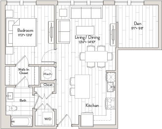 A floor plan of a house with a living room, dining room, kitchen, and two bedrooms.