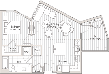 A floor plan of a house with a living room, dining room, kitchen, and two bedrooms.