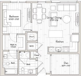 A floor plan of a house with a living room, dining room, kitchen, two bathrooms, a walk-in closet, and a den.