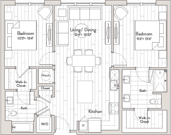 A floor plan of a house with two bathrooms, a kitchen, and two bedrooms.
