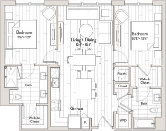 A floor plan of a house with three bedrooms, a living and dining area, a kitchen, a walk-in closet, and a bathroom.