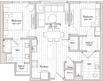 A floor plan of a house with two bedrooms, a living/dining area, a kitchen, a bath, and a walk-in closet.