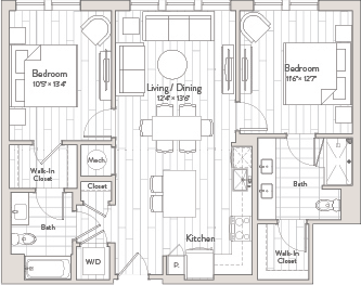A floor plan of a house with two bedrooms, a living/dining area, a kitchen, a bath, a walk-in closet, and a laundry room.