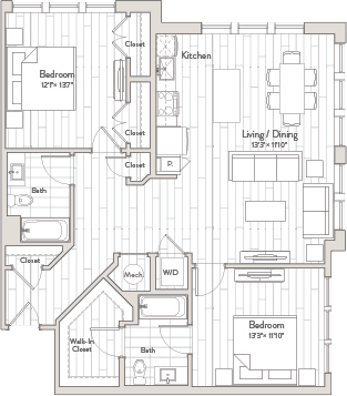 A floor plan of a house with a kitchen, living/dining area, and two bedrooms.