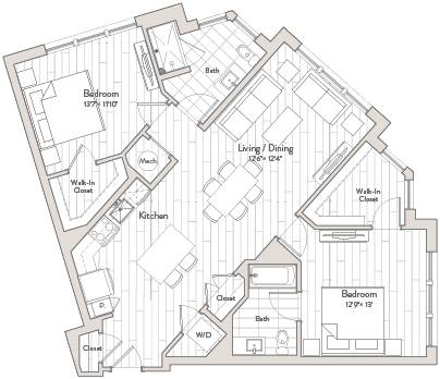 A floor plan of a house with a living room, dining room, kitchen, and two bathrooms.