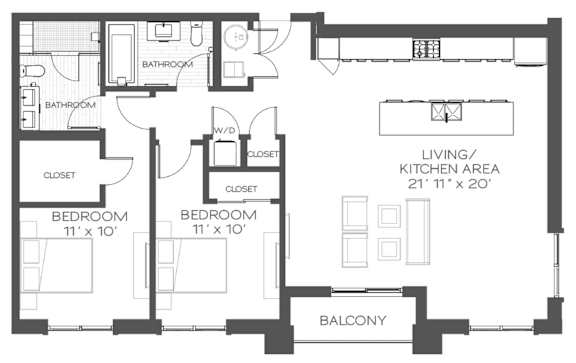 A black and white image of a floor plan for a small apartment.