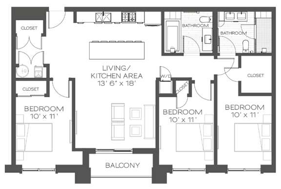 A black and white image of a house floor plan with a living/kitchen area, two bedrooms, two bathrooms, and a balcony.