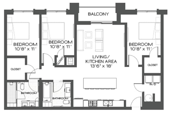 A black and white image of a house floor plan with a balcony, three bedrooms, a living/kitchen area, two bathrooms, and two closets.