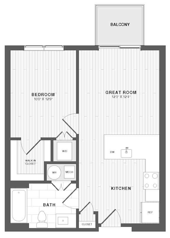 A black and white image of a floor plan for a balcony, bedroom, great room, kitchen, and bath.