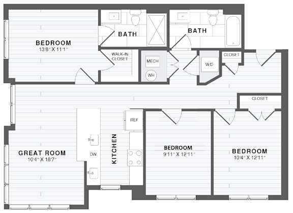 A floor plan of a house with three bedrooms, a great room, and a kitchen.