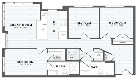 A floor plan of a house with a great room, kitchen, and four bedrooms.