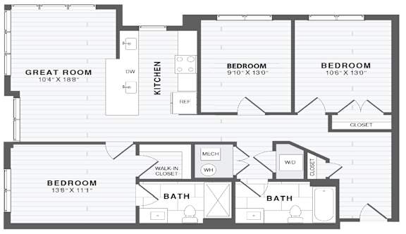 A floor plan of a house with a great room, kitchen, and three bedrooms.