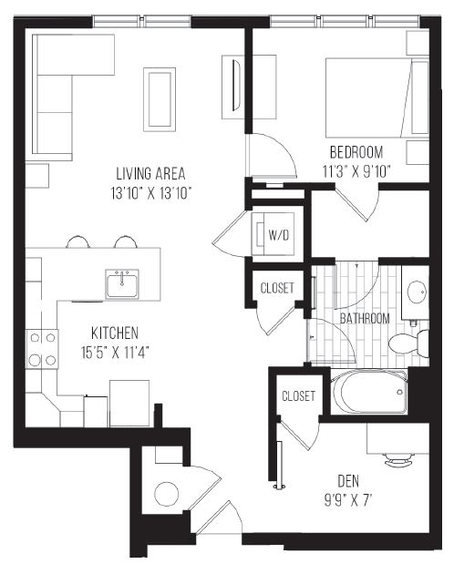 A black and white image of a floor plan for a home with a living area, kitchen, bedroom, bathroom, and den.