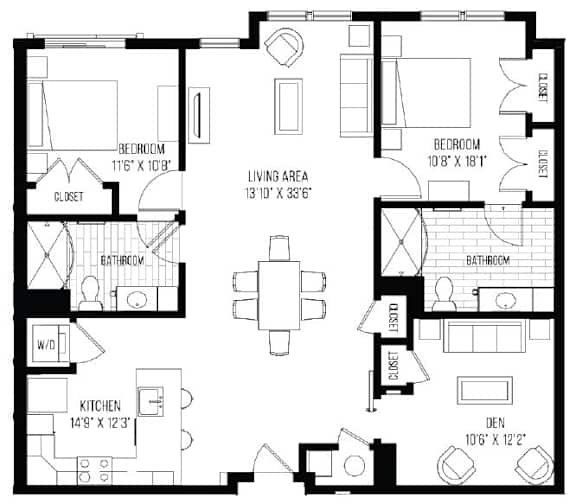 A black and white image of a house floor plan with a living area, kitchen, two bedrooms, a bathroom, and a den.