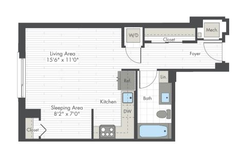 A floor plan of a small apartment with a living area, sleeping area, kitchen, and bathroom.