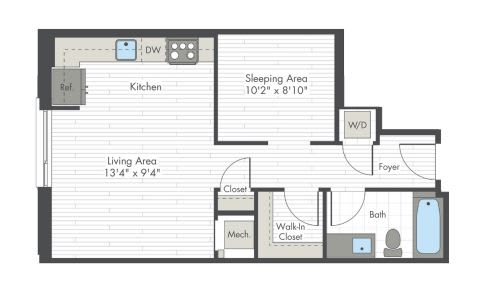 A floor plan of a small apartment with a kitchen, living area, sleeping area, and bathroom.
