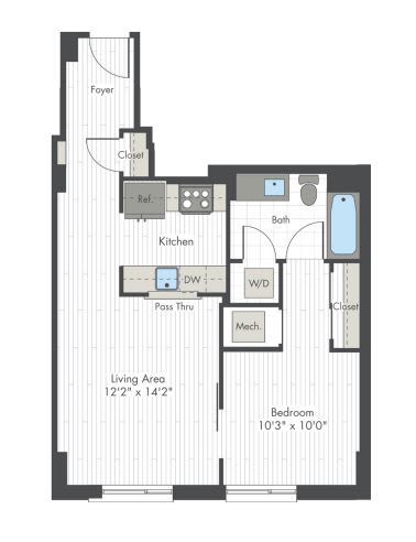 A floor plan of a small apartment with a living area, kitchen, and bedroom.