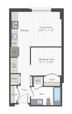 A floor plan of a small apartment with a sleeping area and a kitchen.