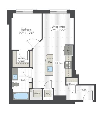 A floor plan of a small apartment with a bedroom, living area, kitchen, and bathroom.