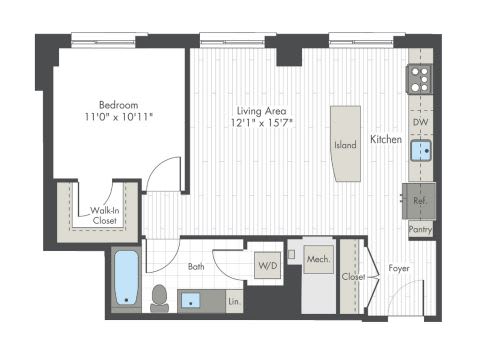 A floor plan of a small apartment with a bedroom, living area, kitchen, and bathroom.