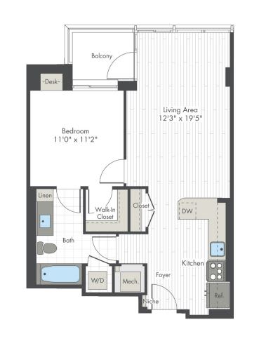 A floor plan of a small apartment with a living area, bedroom, and kitchen.