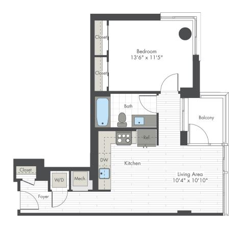 A floor plan of a small apartment with a living area, bedroom, and bathroom.