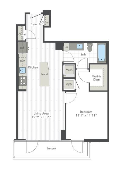 A floor plan of a small apartment with a living area, bedroom, kitchen, and bathroom.
