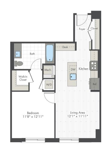 A floor plan of a small apartment with a bedroom, living area, kitchen, and bathroom.