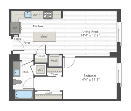 A floor plan of a small apartment with a living area, bedroom, kitchen, and bathroom.