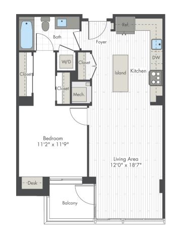 A floor plan of a small apartment with a bedroom, living area, kitchen, and bathroom.