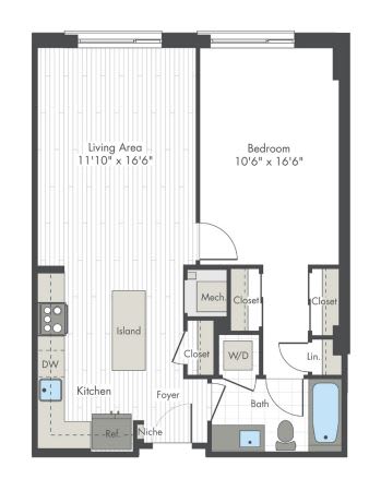 A floor plan of a small apartment with a living area, bedroom, kitchen, and bathroom.