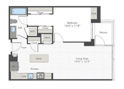 A floor plan of a small apartment with a living area of 19 feet by 12 feet and a bedroom measuring 14 feet by 11 feet.