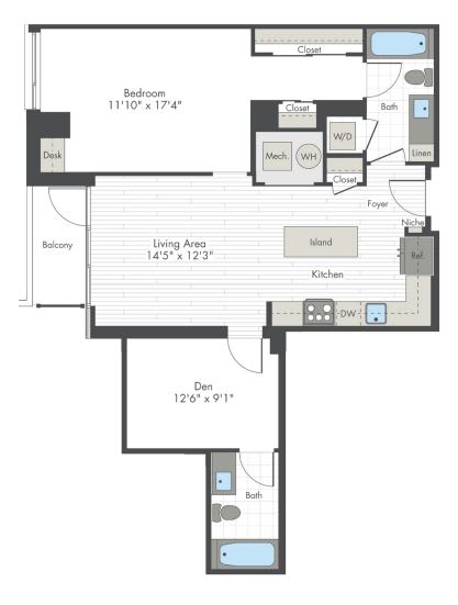 A floor plan of a house with a living area, kitchen, and two bathrooms.