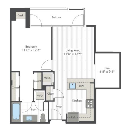 A floor plan of a small apartment with a bedroom, living area, kitchen, and bathroom.