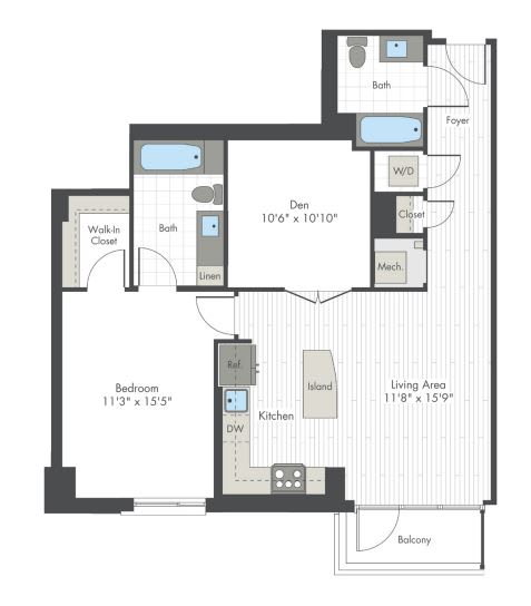 A floor plan of a house with a den, bedroom, kitchen, and living area.
