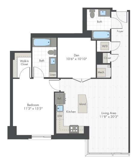 A floor plan of a house with a living area, bedroom, kitchen, and bathroom.