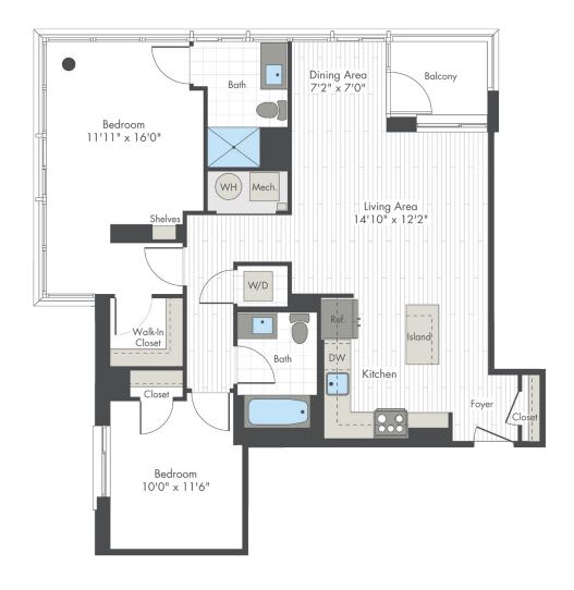 A floor plan of a house with a living area, two bedrooms, a dining area, a kitchen, a bath, a walk-in closet, and a foyer.