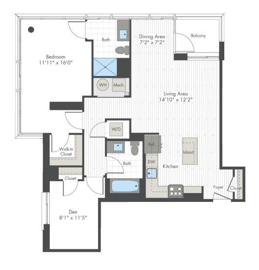 A floor plan of a house with a living area, dining area, kitchen, and two bedrooms.