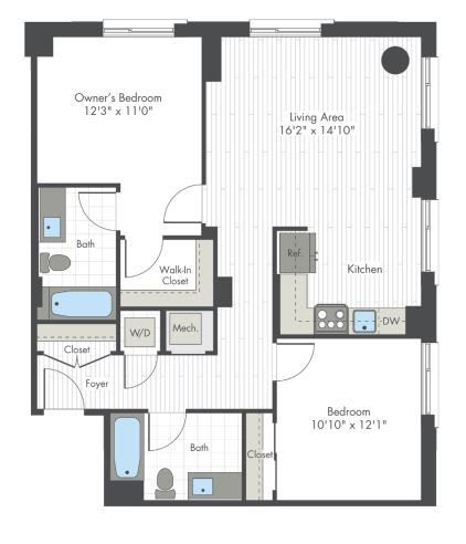A floor plan of a house with a living area, two bedrooms, a kitchen, and a bathroom.