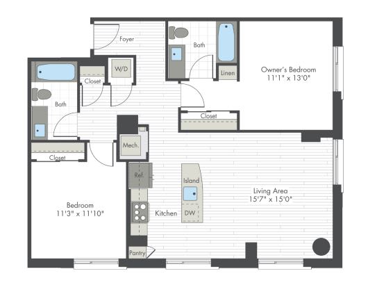 A floor plan of a house with a living area, kitchen, and two bedrooms.