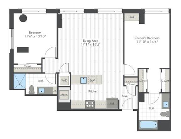 A floor plan of a house with a living area, kitchen, and two bedrooms.