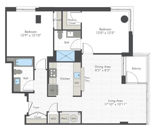 A floor plan of a house with two bedrooms, a living area, a dining area, a kitchen, a bathroom, a foyer, and a balcony.