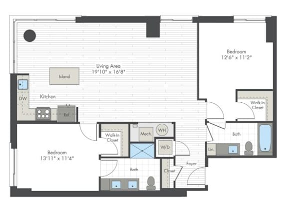 A floor plan of a house with two bedrooms, a living area, kitchen, and bathroom.