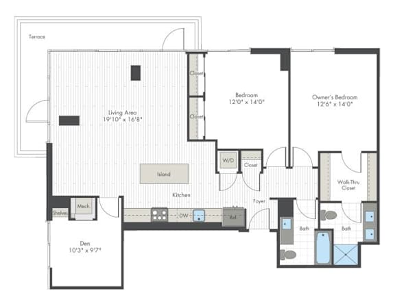 A floor plan of a house with a living area, two bedrooms, a kitchen, a foyer, a den, and a bathroom.